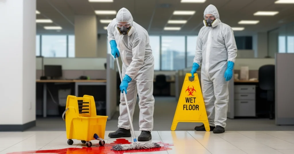 Biohazard decontamination specialists in full PPE treating a US commercial property