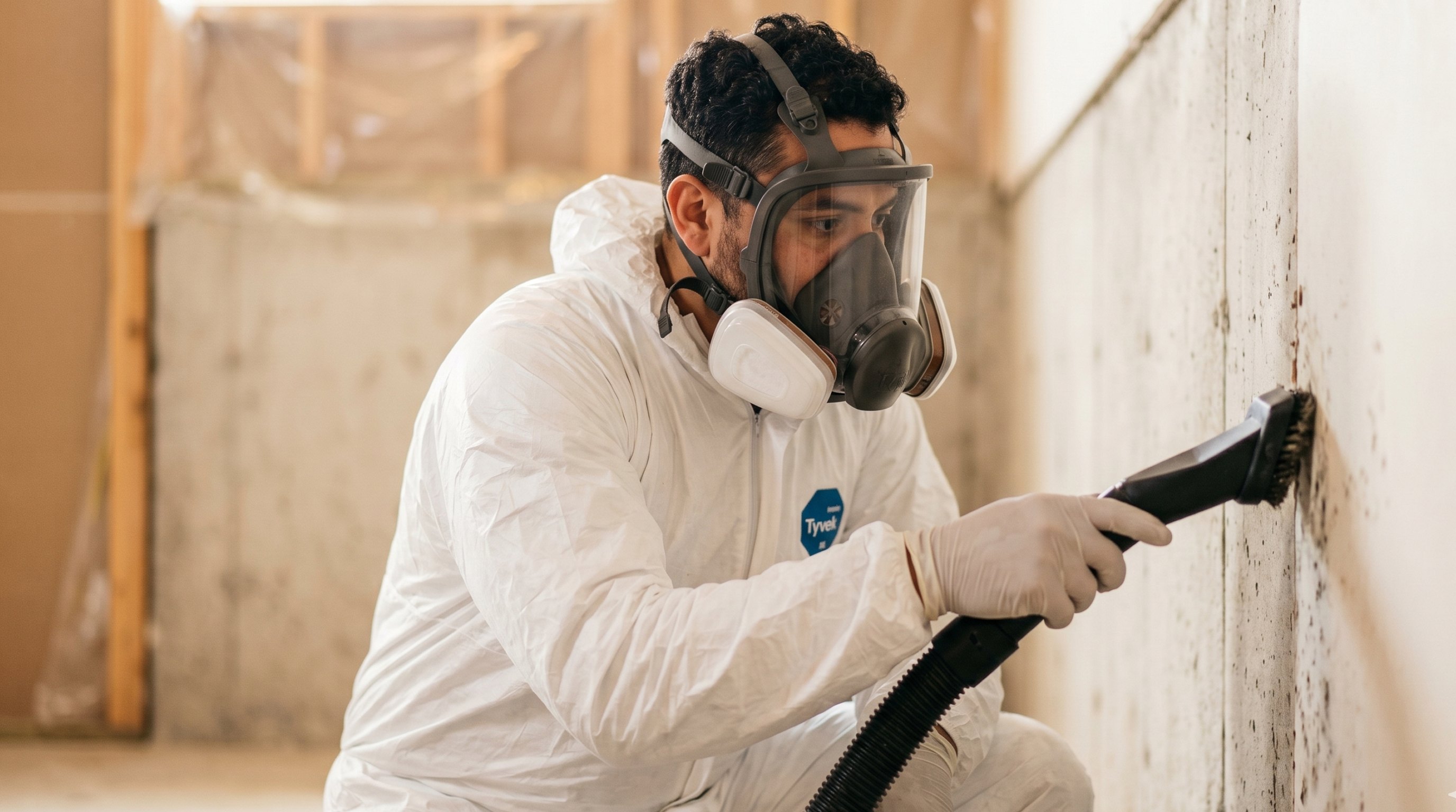 Mold remediation crew in protective suits removing contaminated drywall in a US home