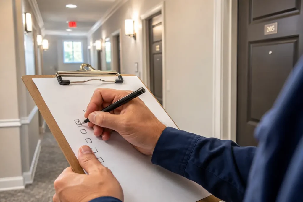 Property manager reviewing restoration work with a Respond Property Solutions crew at an apartment building