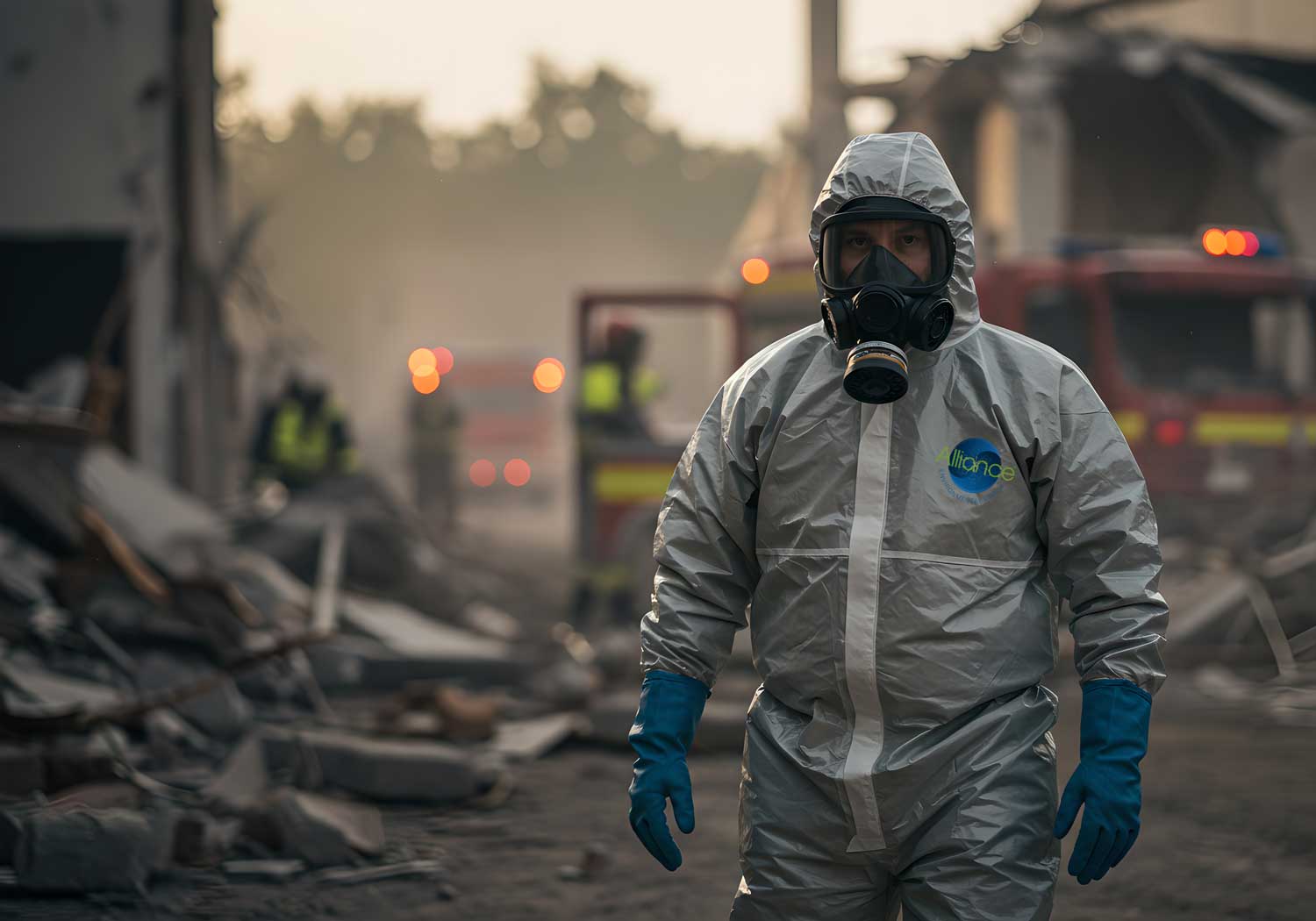 Biohazard cleanup technician in protective gear