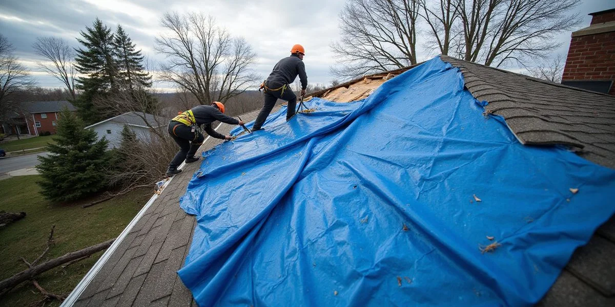Storm damage restoration crew securing a roof with tarps
