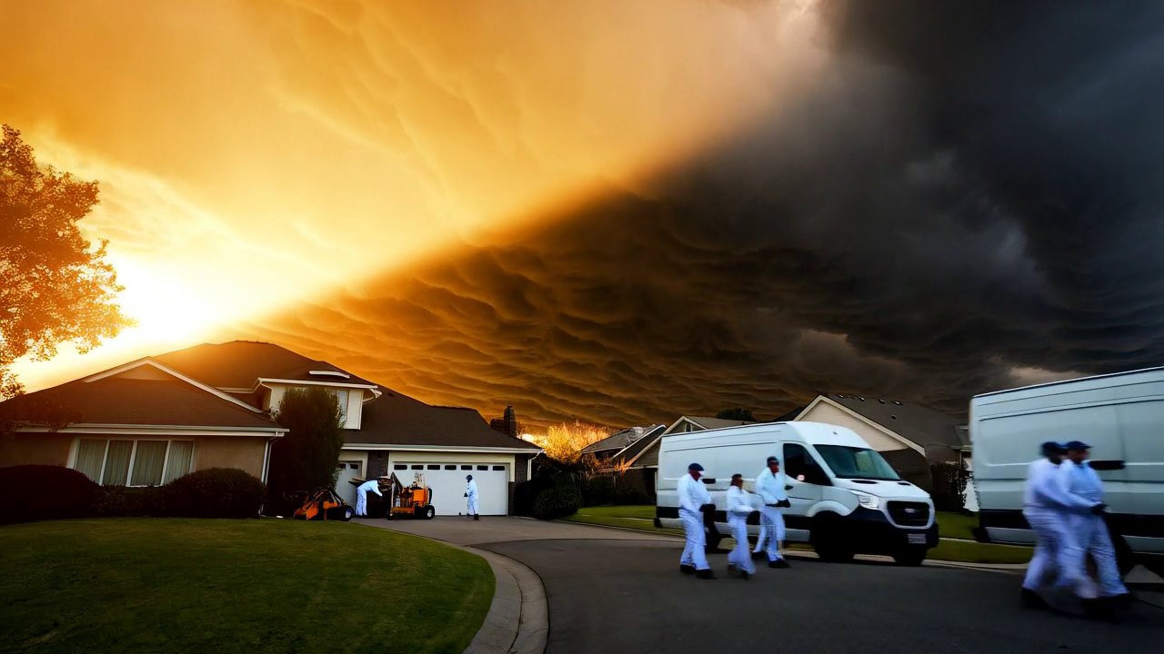 Emergency response crew assessing wildfire or storm damage to a US structure